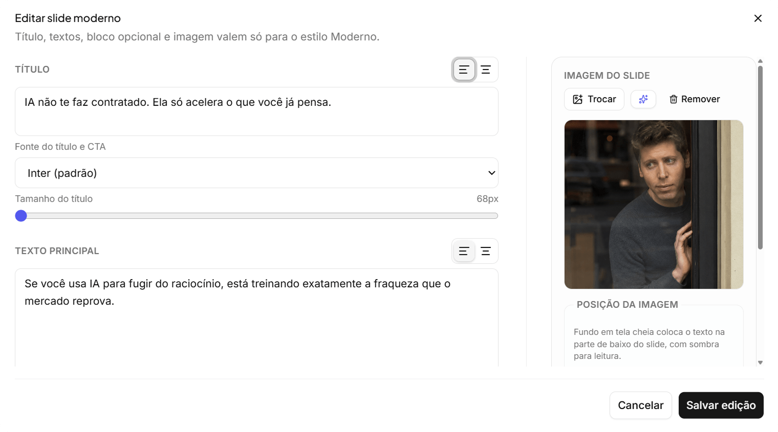 Editor de slide do carrossel