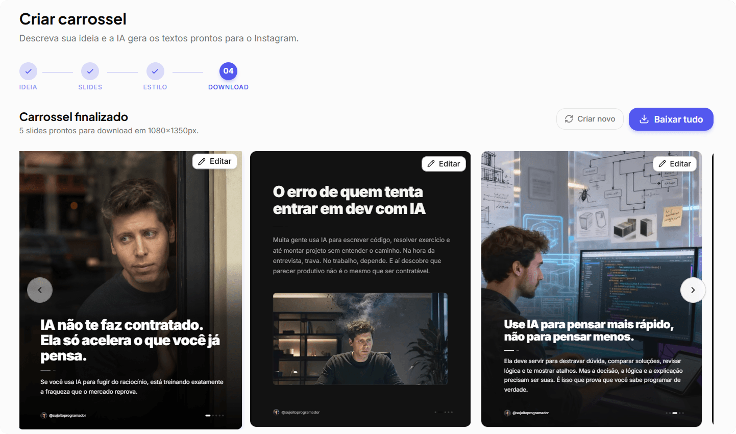 Tela do gerador de carrossel com slides prontos para baixar